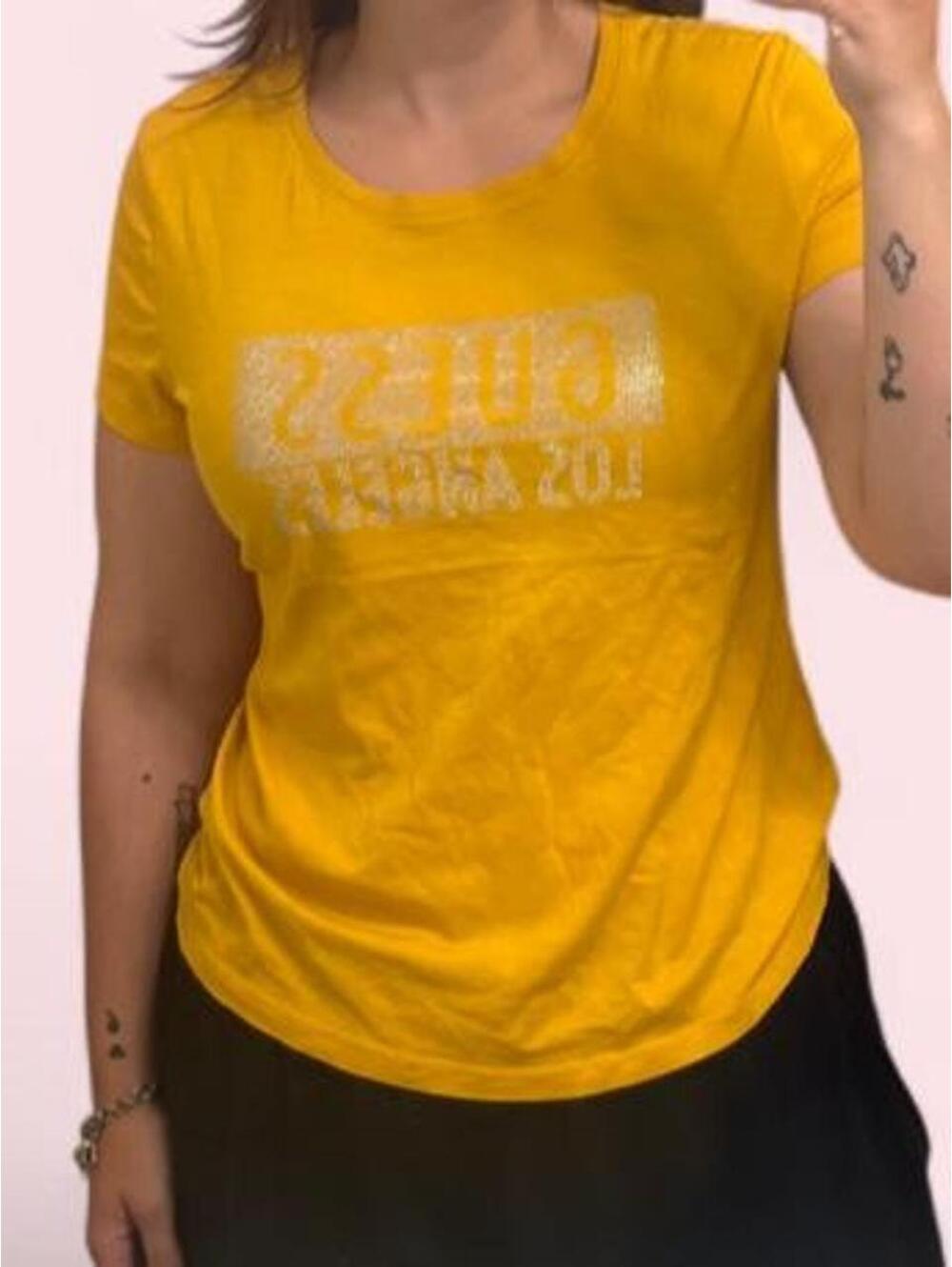 Y2K 2000’s Guess yellow t-shirt with bedazzled “GUESS LOS ANGELES'